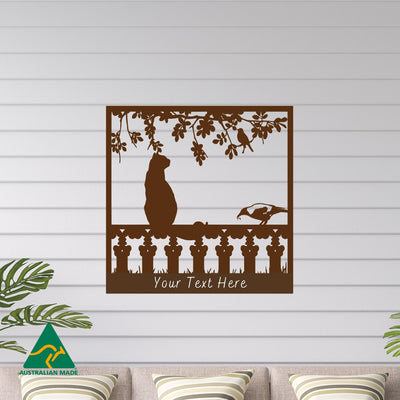 Personalised Cat on Fence Metal Wall Art | Rust Finish