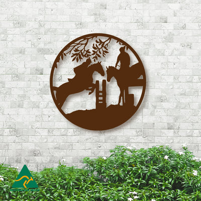 Horse Jumping Event Round Metal Wall Art | Rust Finish