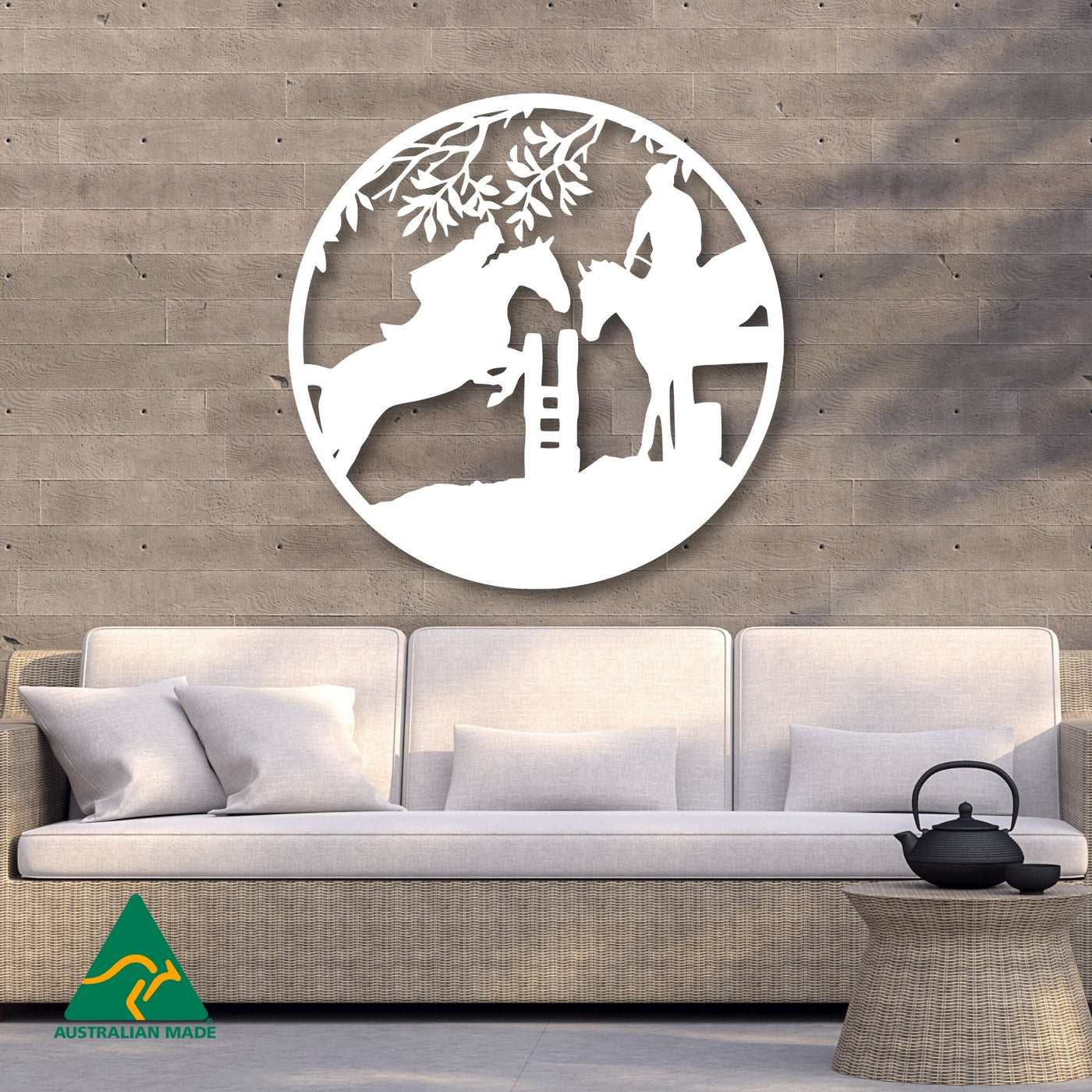 Horse Jumping Event Round Metal Wall Art | White Finish