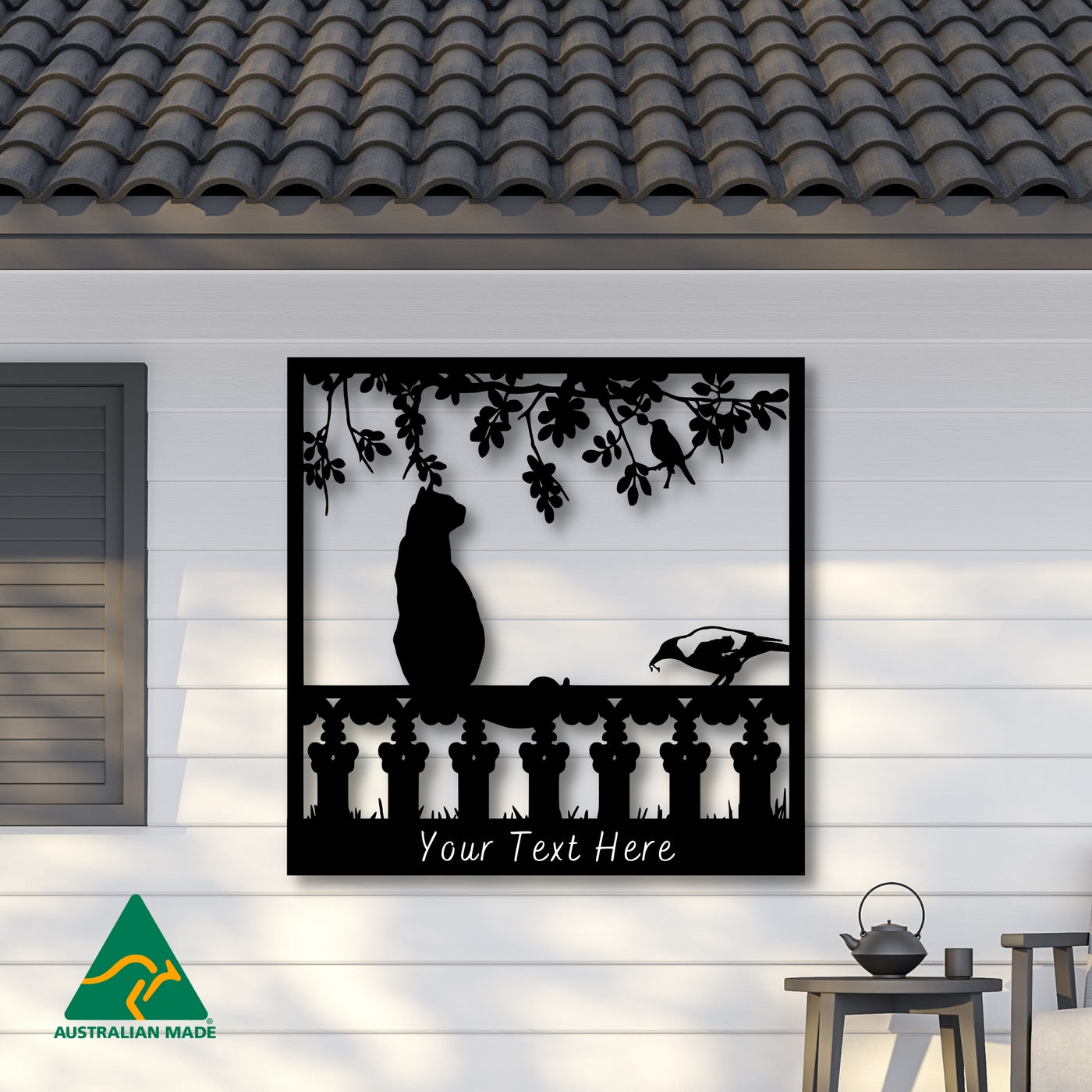 Personalised Cat on Fence Metal Wall Art | Black Finish