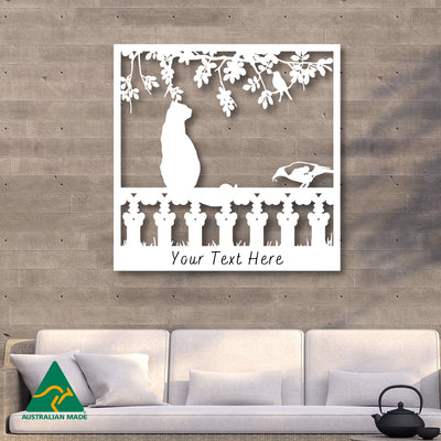 Personalised Cat on Fence Metal Wall Art | White Finish