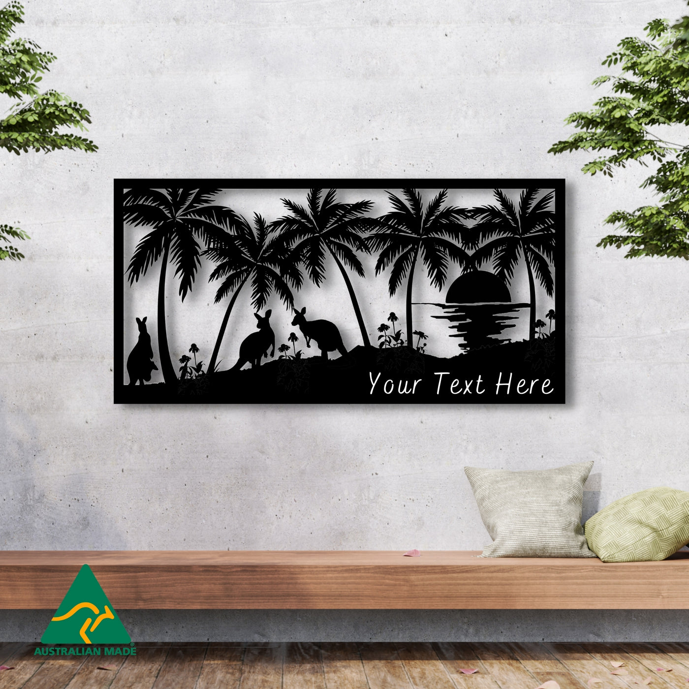 Personalised Kangaroos On Beach Metal Wall Art | Black Finish