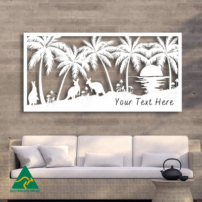 Personalised Kangaroos On Beach Metal Wall Art | White Finish