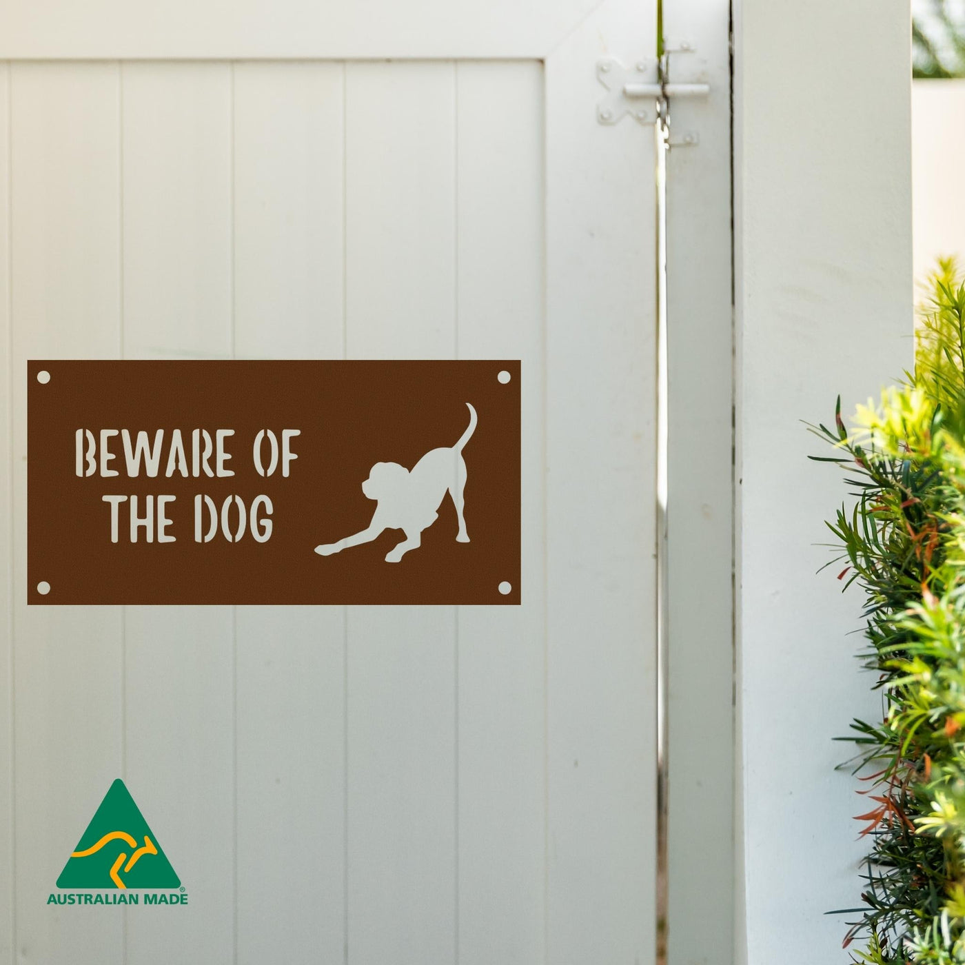 Harvey Beware of the Dog Wall Sign | Rust Finish