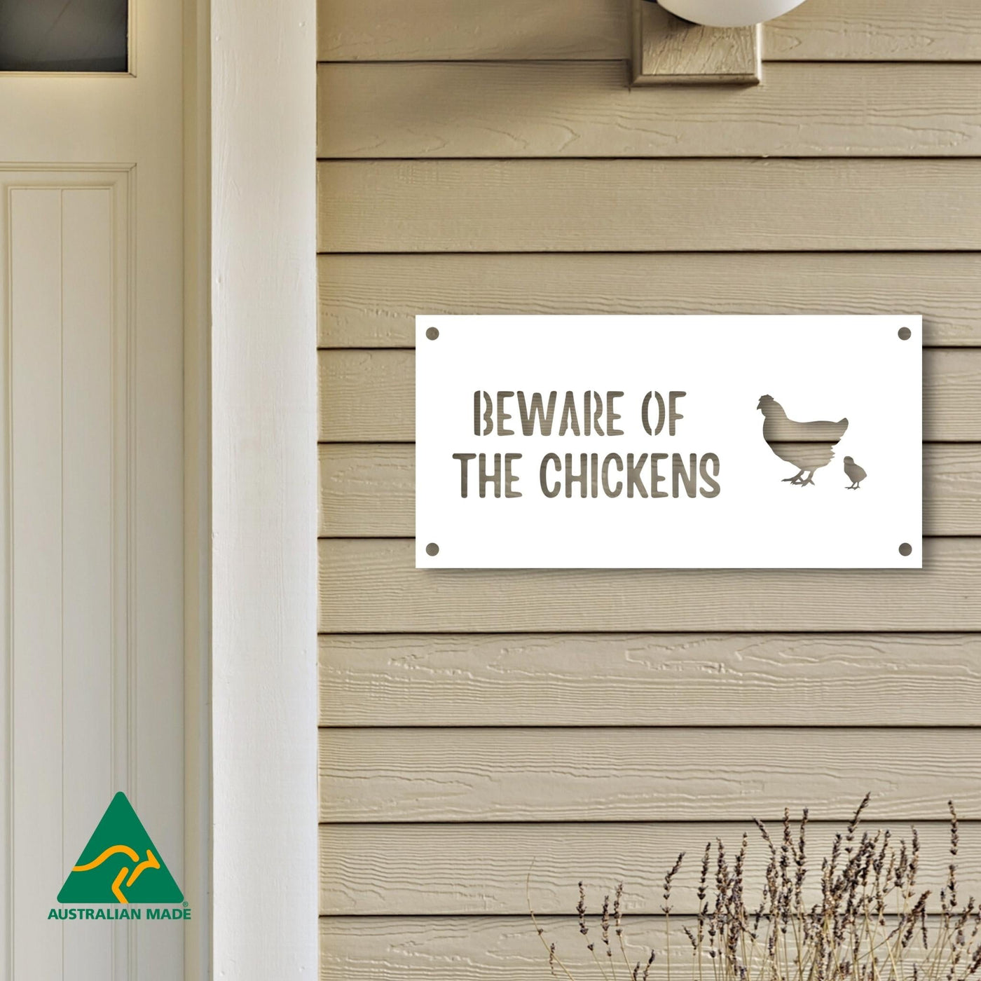 Margaret Beware of the Chickens Wall Sign | White Finish