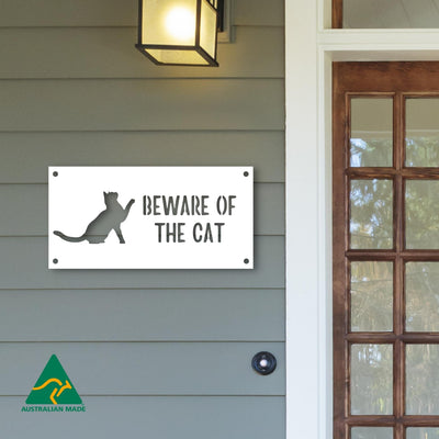 Peach Beware of the Cat Wall Sign | White Finish