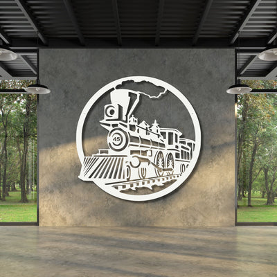 Steam Train Metal Wall Art Staged Image | White Matt