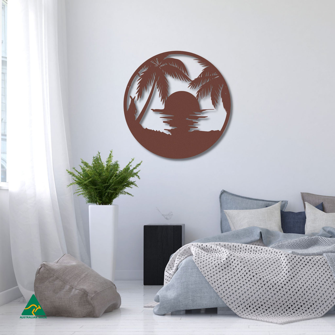 Sunset Beach Round Metal Wall Art Staged Image | Rust Patina