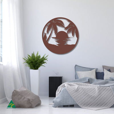 Sunset Beach Round Metal Wall Art Staged Image | Rust Patina