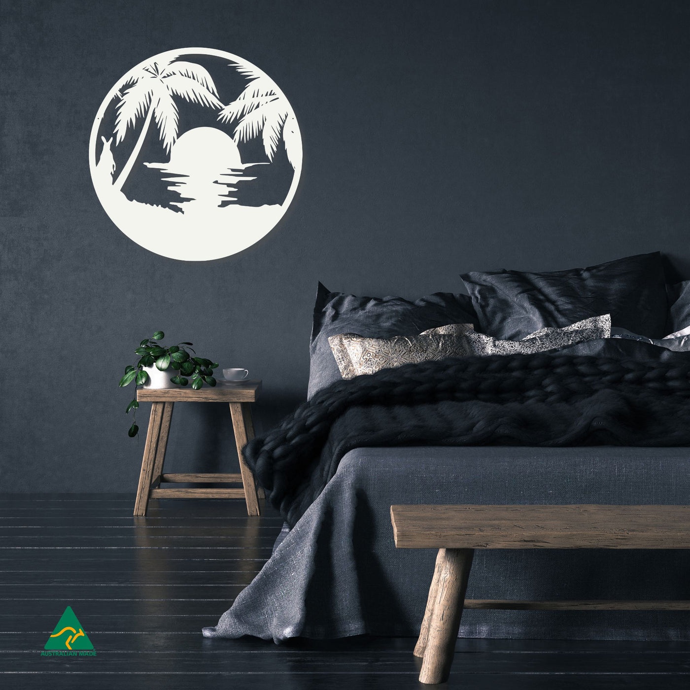 Sunset Beach Round Metal Wall Art Staged Image | White Matt