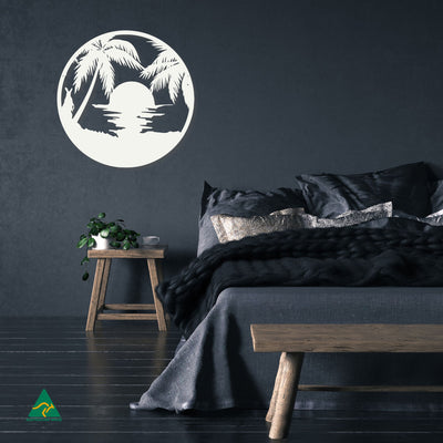 Sunset Beach Round Metal Wall Art Staged Image | White Matt