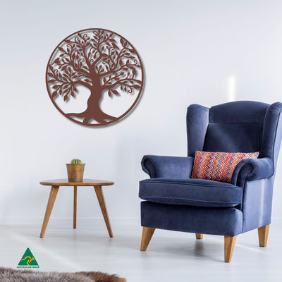 Tree of Life Round Metal Wall Art Staged Image | Rust Patina