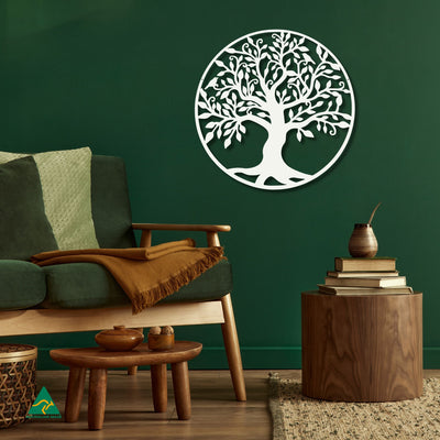 Tree of Life Round Metal Wall Art Staged Image | White Matt