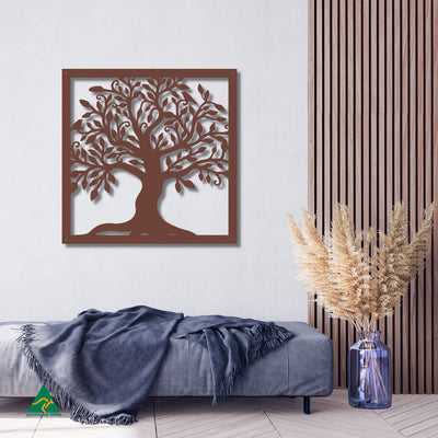 Tree of Life Square Metal Wall Art Staged Image | Rust Patina