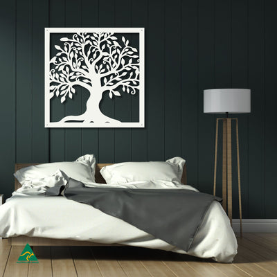 Tree of Life Square Metal Wall Art Staged Image | White Matt