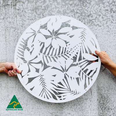 Tropical Landscape Round Metal Wall Art | White Finish