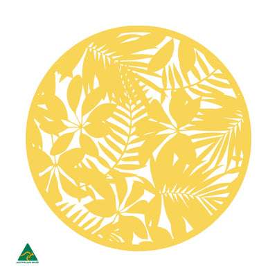 Tropical Landscape Round Metal Wall Art | Lemon Yellow Gloss