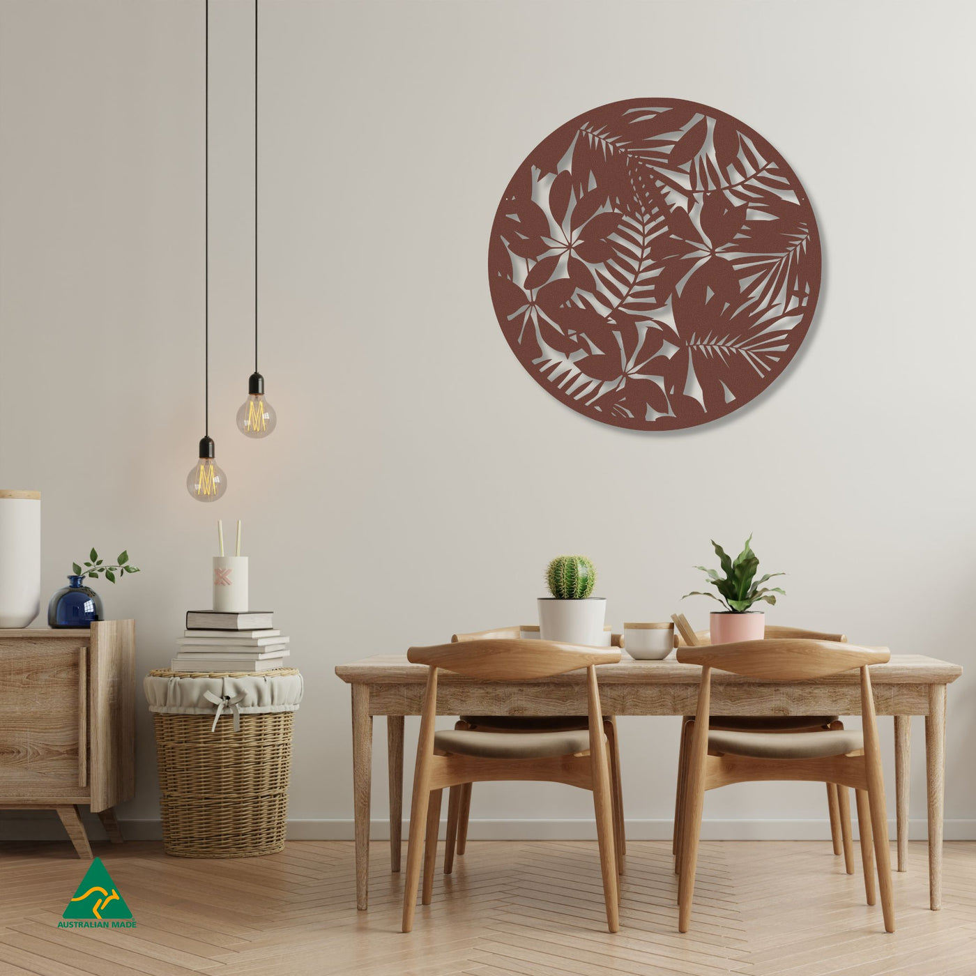 Tropical Landscape Round Metal Wall Art Staged Image | Rust Patina