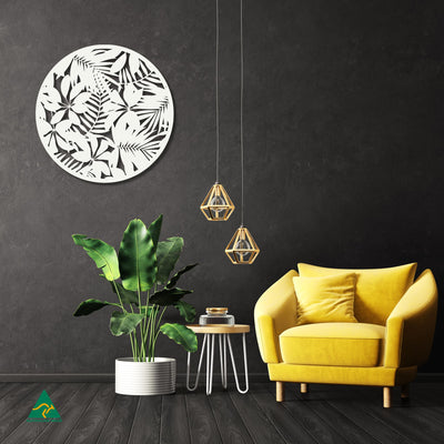 Tropical Landscape Round Metal Wall Art Staged Image | White Matt