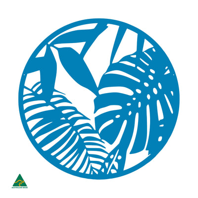 Tropical Leaves Round Metal Wall Art | Blaze Blue Gloss