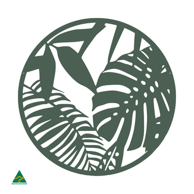 Tropical Leaves Round Metal Wall Art | Cottage Green Satin