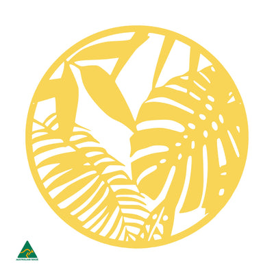 Tropical Leaves Round Metal Wall Art | Lemon Yellow Gloss