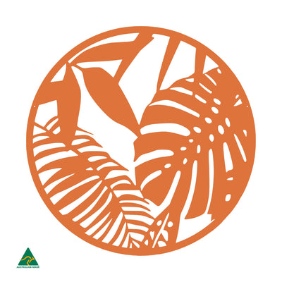 Tropical Leaves Round Metal Wall Art | Orange X15 Gloss