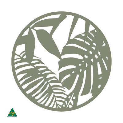 Tropical Leaves Round Metal Wall Art | Pale Eucalypt Matt
