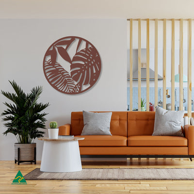 Tropical Leaves Round Metal Wall Art Staged Image | Rust Patina