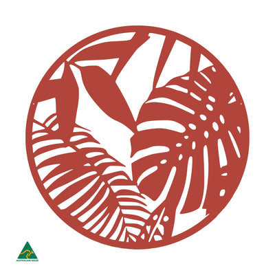 Tropical Leaves Round Metal Wall Art | Signal Red Gloss