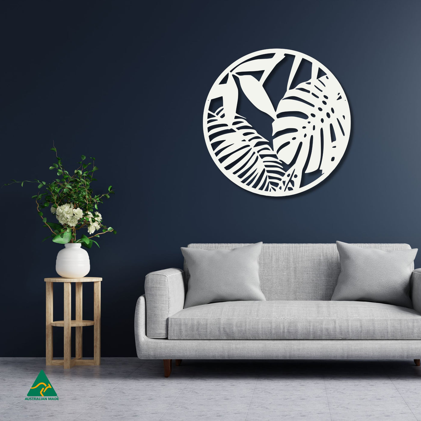 Tropical Leaves Round Metal Wall Art Staged Image | White Matt