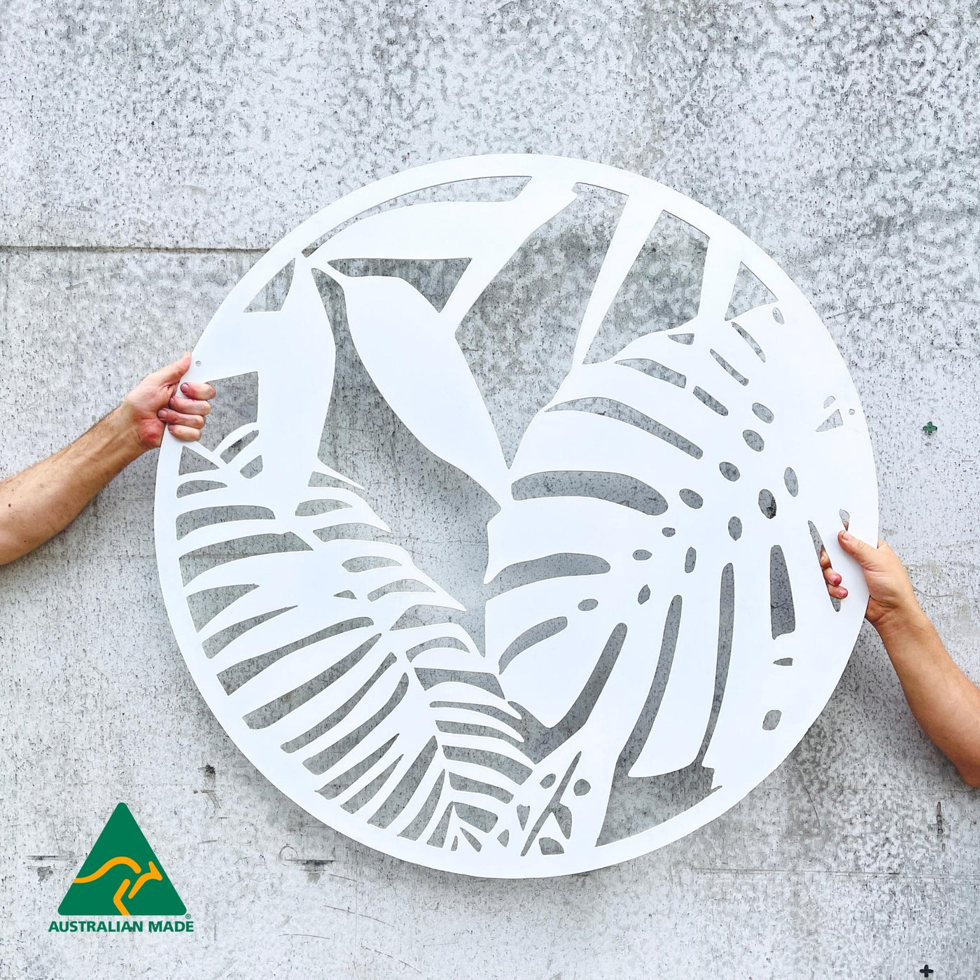 Tropical Leaves Round Metal Wall Art | White Finish