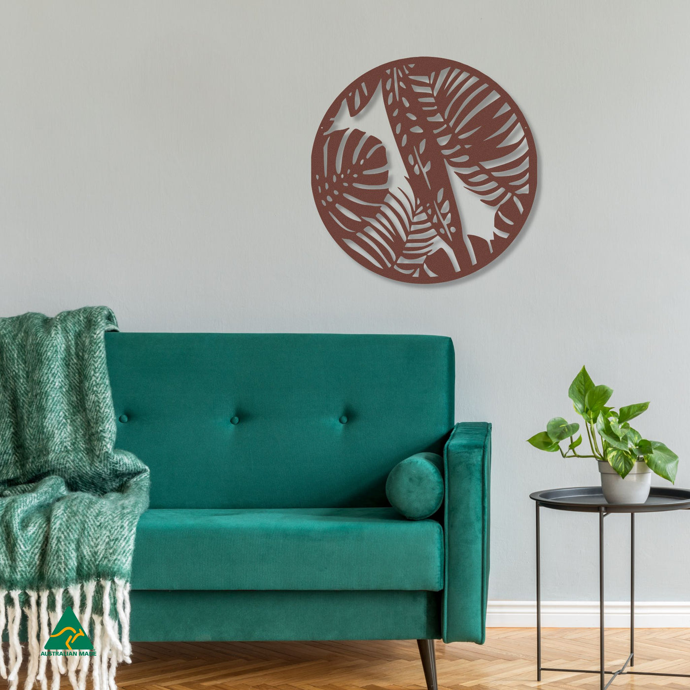 Tropical Rainforest Round Metal Wall Art Staged Image | Rust Patina