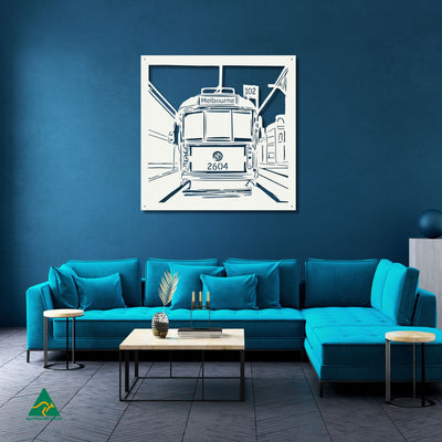 Urban Tram Metal Wall Art Staged Image | White Matt